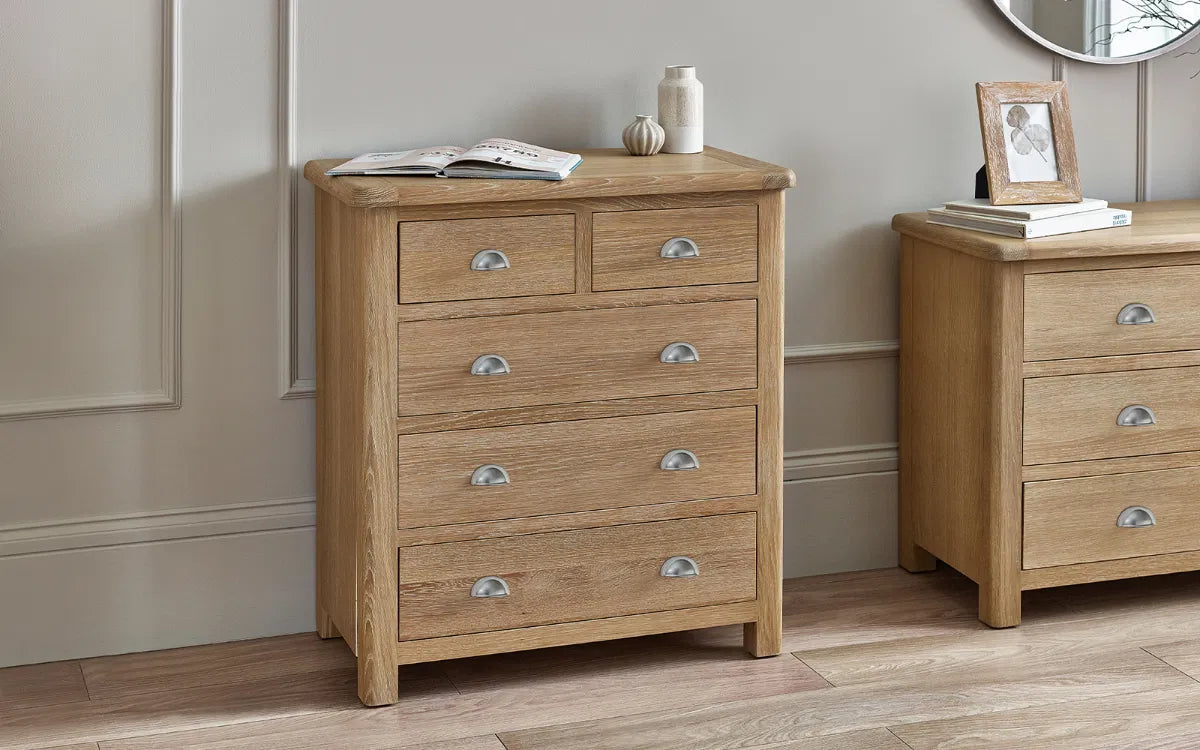 Cayden Limed Oak Wood Chest of Drawers | 5 Drawers